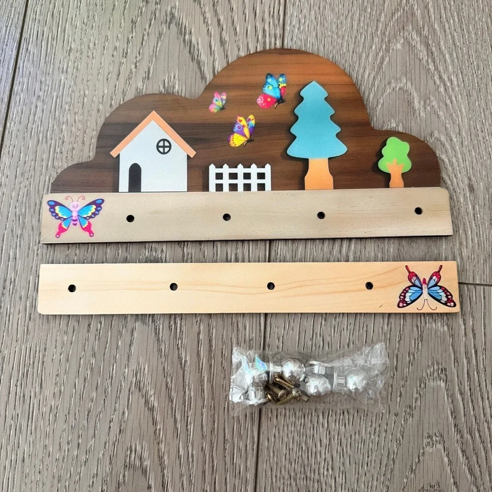 Wood Wall Hook Rack Cottage Butterfly Key Storage Shelf Brown 11in